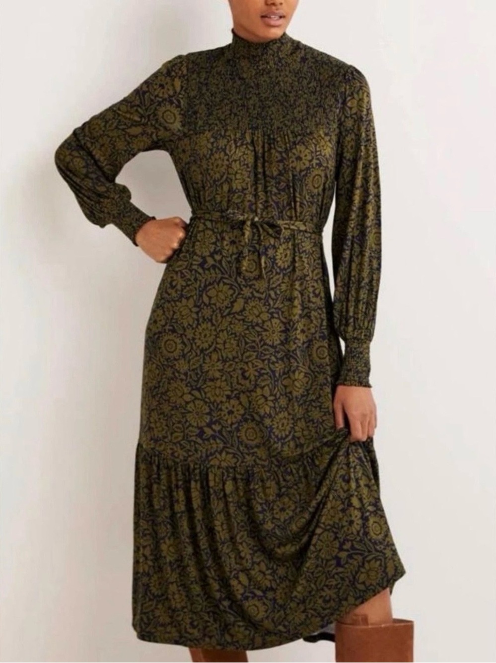 Boden Floral Print Smocked Mock Neck Midi Dress US 6 UK 10 Boho